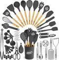 Kaluns 50 PCS Silicone Kitchen Utensils Set Complete Kitchen Set - 800°F Heat Resistant Non-Stick Premium Cooking Utensils W Wooden Handles - Can Opener Masher Turner Silicone Spatula Set