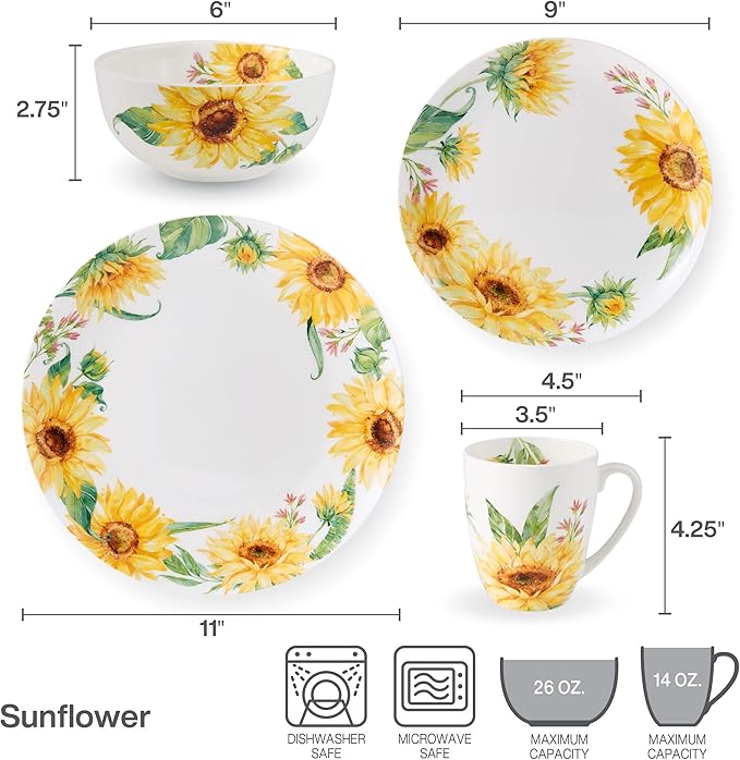 Mikasa Sunflower Bone China Lightweight Chip Resistant 16 Piece Dinnerware Set Service for 4 Multicolor