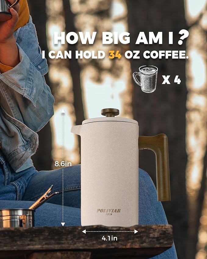 POLIVIAR French Press Coffee Maker 34 Ounce Coffee Press with Real Wood Handle Double Wall Insulation &amp Dual-Filter Screen Food Grade Stainless Steel for Good Coffee and Tea JX2023-FPLM