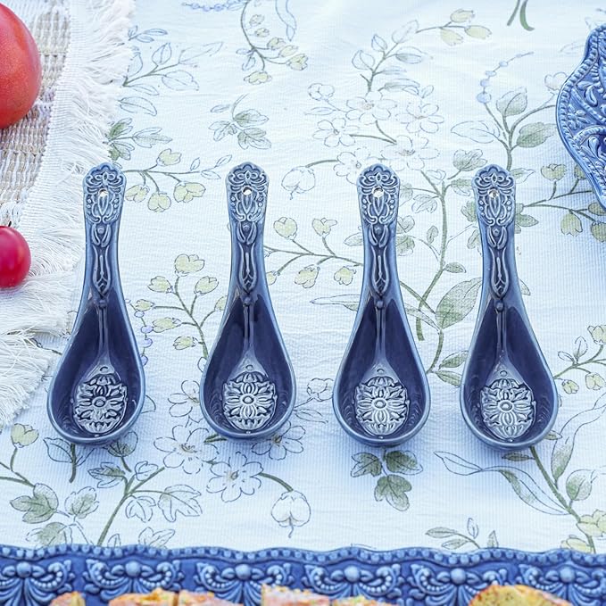 Sungmor Embossed Stoneware Fine Dining Dinnerware Antique Baroque Style Porcelain 5.5 Inch Soup Spoons Set of 4 Blue Ceramic Chinese Spoons Asian Style Spoon for Miso Soup Ramen Dumpling