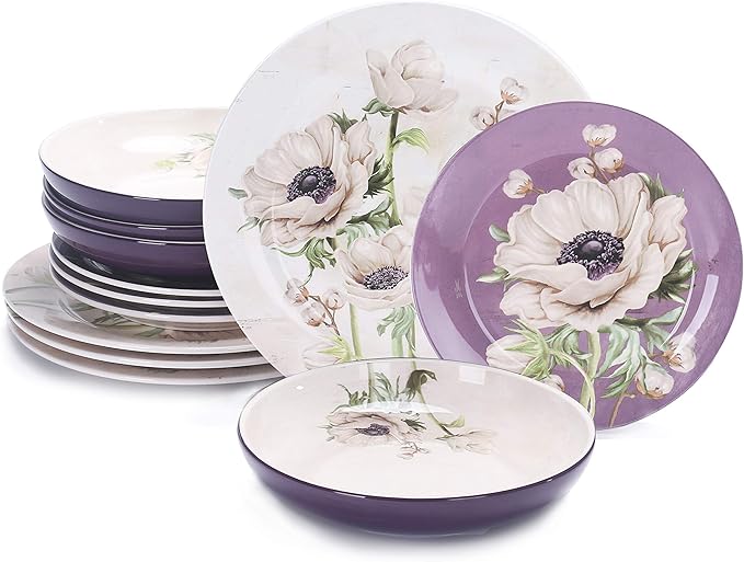 Bico Purple Poppy Ceramic 12 pcs Dinnerware Set Service for 4 Inclusive of 11 inch Dinner Plates 8.75 inch Salad Plates and 35oz Dinner Bowls for Party Microwave &amp Dishwasher Safe