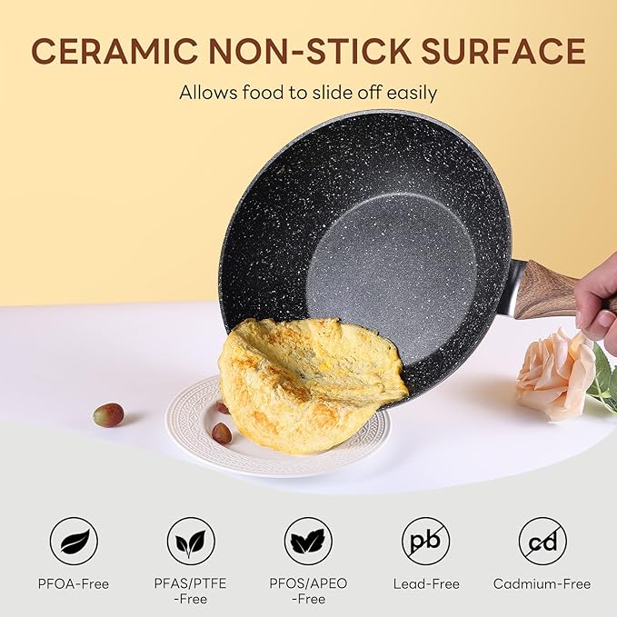 Sweetcrispy 17 Pcs Nonstick Pots and Pans Non-toxic Kitchen Cooking Set with Stay-Cool Handles Natural Black