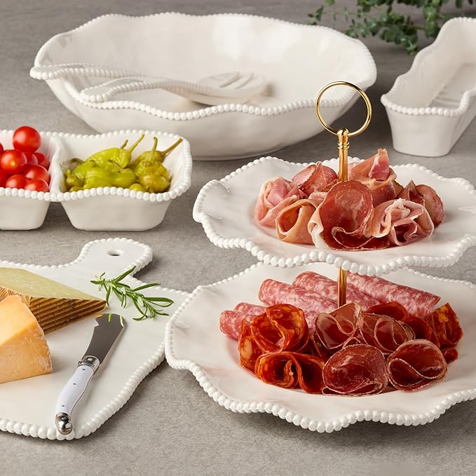 Perlette Off-White Beaded 12-Piece Dinnerware Set – Includes 4 Dinner Plates 4 Salad Plates 4 Bowls (7.5 x 2 22 oz) – Elegant Unbreakable Melamine Heavyweight Perfect for Indoor/Outdoor Dining