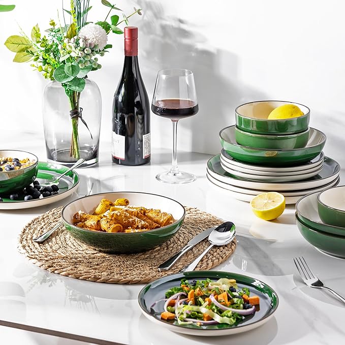 GBHOME Ceramic Dinnerware Sets with Pasta Bowl 16 pcs Stoneware Dinnerware Set Plates and Bowls Sets Dishwasher &amp Microwave Safe Dishes Set | Service for 4