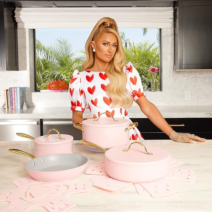 Paris Hilton 12-Piece Pink Nonstick Pots and Pans Set Multi-layer Nonstick Coating Tempered Glass Lids Soft Touch Stay Cool Handles Made without PFOA Dishwasher Safe Cookware Set