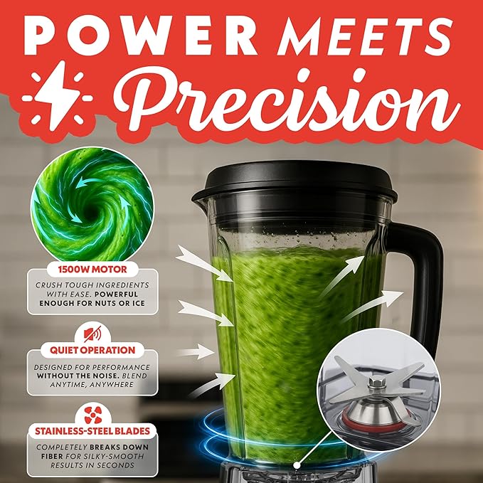 Gourmia Countertop Commercial Blender – 2L BPA-Free Pitcher 4 Presets 1500W High-Speed Motor 45000 RPM Variable Speed Dial Built-In Tamper Dishwasher-Safe Parts Black