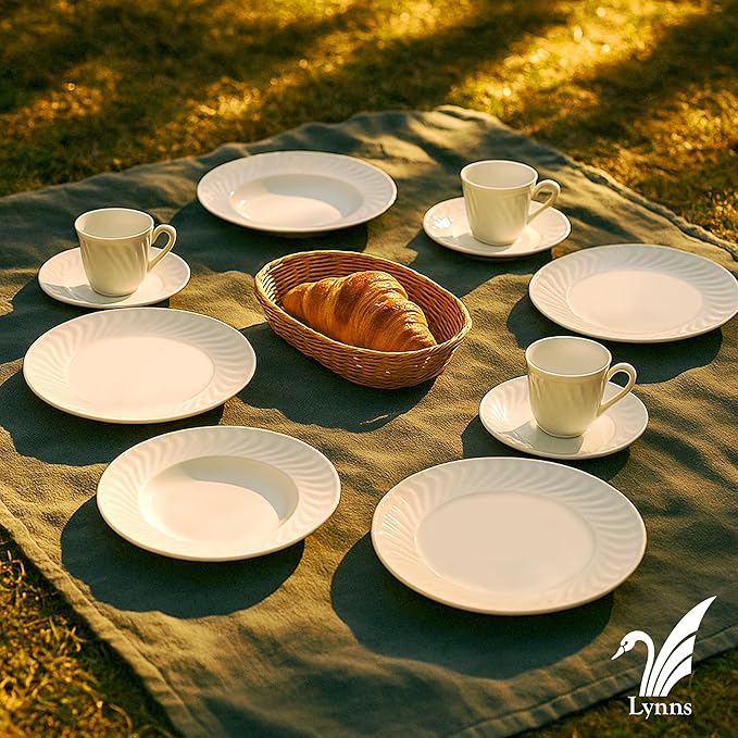 Lynns Paradise Imperial White 20pc Dinnerware Set Embossed Swirl Detail Elegant Versatility Timeless White Finish Includes Dinner Plates Bowls Cups and Saucers Full Tabletop Set