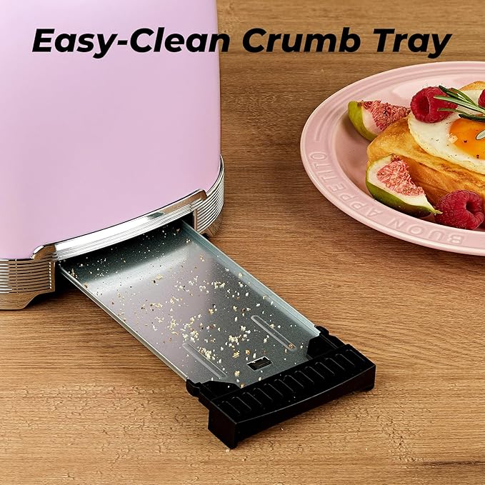 Toaster 2 Slice Retro Stainless Steel with 1.5” Extra Wide Slots Bagel Defrost Reheat Cancel Functions 6 Bread Shade Settings Removable Crumb Tray Pastel Pink