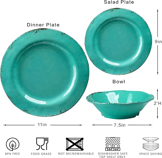 18-Piece Farmhouse Melamine Dinnerware Set - Shatterproof Lightweight and Durable Outdoor Dining Plates Bowls and Serving Dishes for Everyday Use Camping and Picnics Light Green