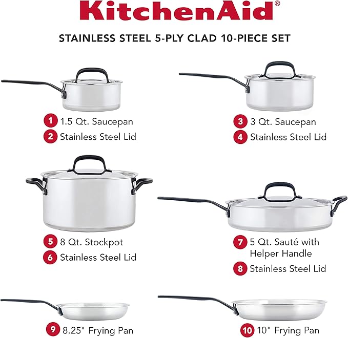 KitchenAid 5-Ply Clad Polished Stainless Steel Cookware Pots and Pans Set 10 Piece