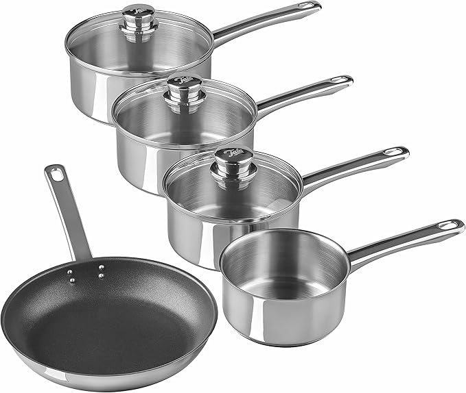 Tala Performance 5 Pc Stainless Steel Cookware Set containing Saucepans Glass lids 16 18 and 20cm. 14cm Milk pan 24cm Non-Stick Fry Pan 5 Pc Set Polished Mirror Shine Finish