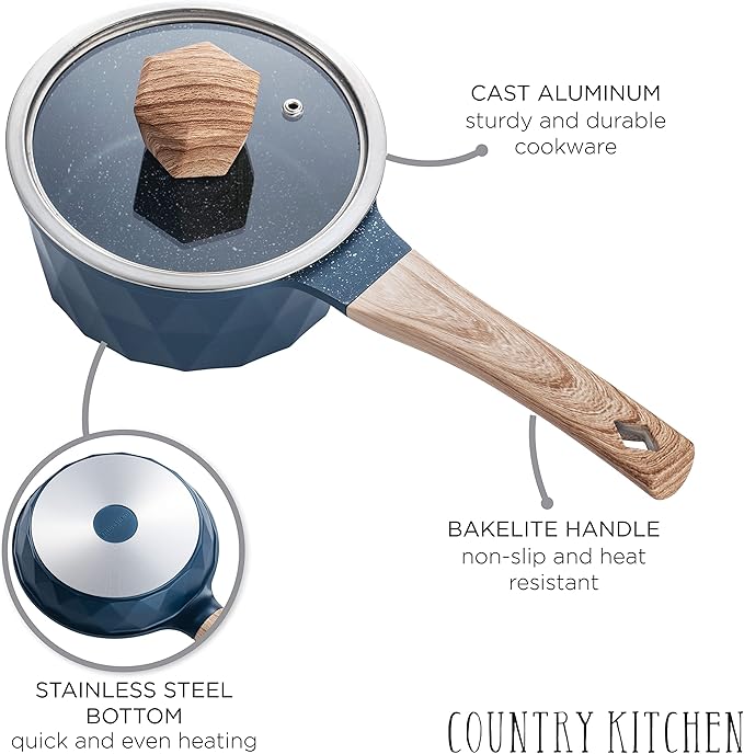 Country Kitchen Diamond Cookware and Utensils Set Bundle- 7 Piece Cast Aluminum Cookware Set with Pots and Pand=s and 38 piece Cooking Utensils Set with Holder and Gadgets (Navy)