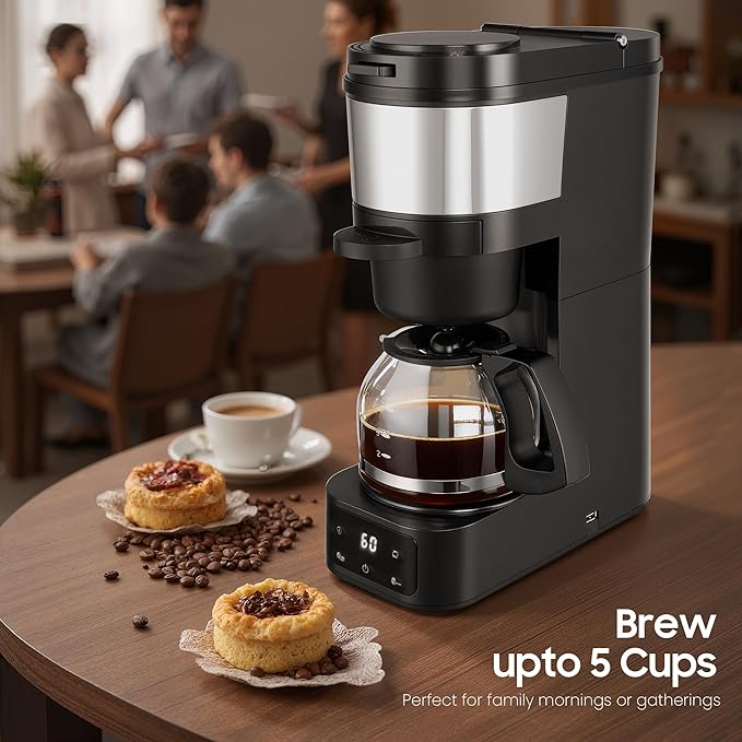 Grind and Brew Coffee MakerDrip Coffee Maker with Grinder Built In5-Cup Programmable Coffee Machine with Brew StrengthWarming Plate and Multiple Grind Levels for Home &amp Office