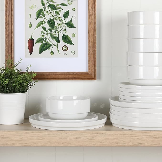 Gibson Home Rothernberg 18-Piece Stackable Porcelain Dinnerware Set Service for 6 – White Plates and Bowls Microwave &amp Dishwasher Safe