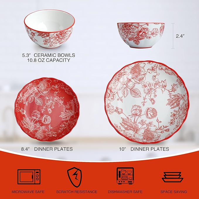 12-Piece Dinnerware Set with Red and White Plates Service for 4 Microwave and Dishwasher Safe