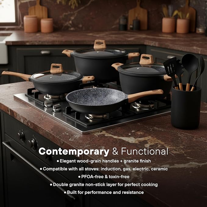 KOCHSTELLE 7-Piece Granite Cookware Set with Lids | Non-Stick Aluminum Pots and Pans Set with Wood Handles | Ceramic Pan Set + 3-Piece Silicone Utensils | Durable Cooking Set
