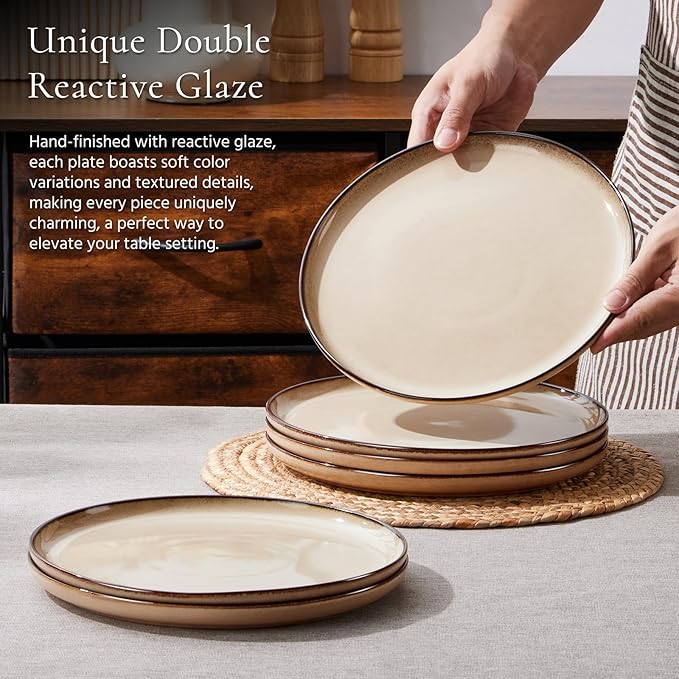E-far 12-Piece Plates and Bowls Set and 10.5” Ceramic Dinner Plates Set of 6 Bundle Stoneware Dinnerware Sets for 4 Round Salad Plate for Home Kitchen Restaurant Microwave &amp Dishwasher Safe
