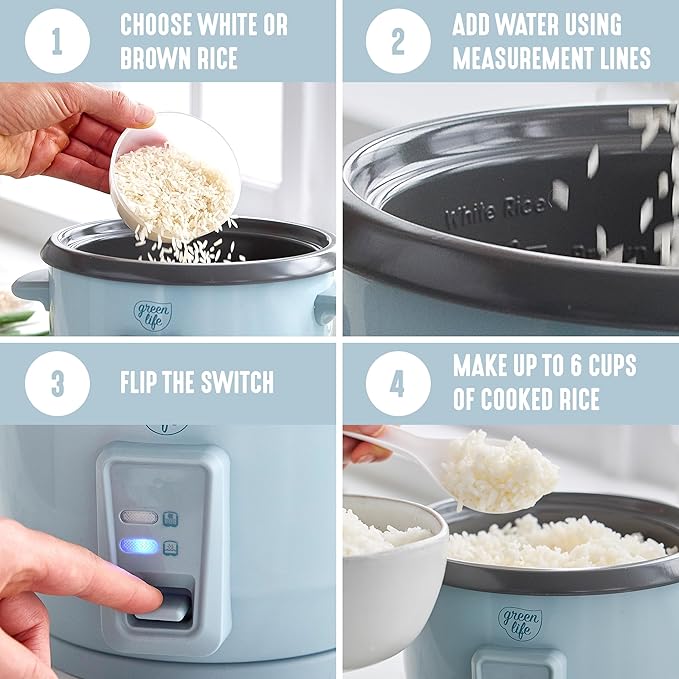 GreenLife Rice Cooker with Removable PFAS-Free Ceramic Nonstick Pot 3-Cups Uncooked/6-Cups Cooked Grains &amp Oatmeal Multicooker Compact One-Switch Design Auto Keep Warm Easy Clean Blue Haze