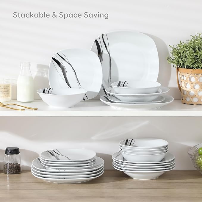 VEWEET Series Teresa 24-Piece Ivory White Porcelain Ceramic Dinnerware Set Ink and Line Patterns Square Kitchen Sets with Dinner Plate Soup Plate Dessert Plate Bowl Service for 6