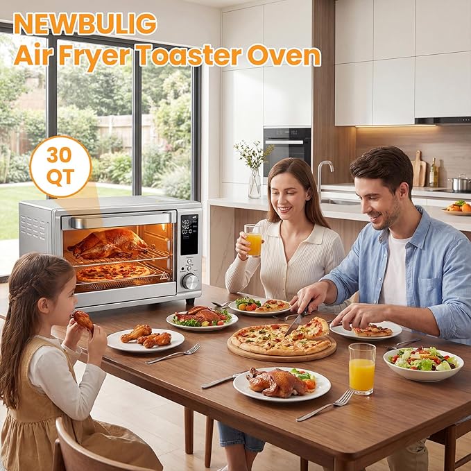 NEWBULIG 30QT Air Fryer Toaster Oven 13-in-1 Multi-Function Smart Airfryer Large Countertop Air Fryer Oven 0-450°F Heating Control 120 Min Timer Chrome Fry Basket Interior Light