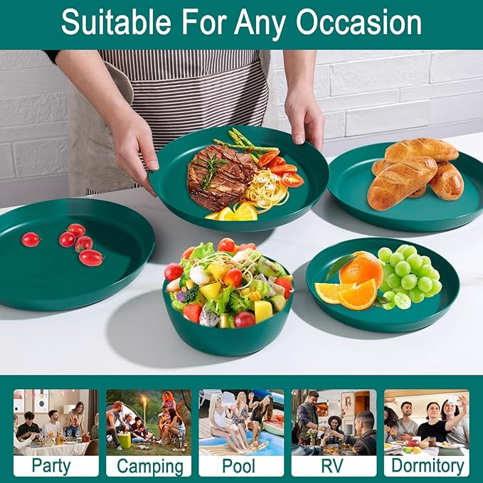 EI 12pcs Dark Green Wheat Straw PlatesPlate and Bowls SetsWheat Straw Dinnerware SetUnbreakabl Plastic Plates ReusableeMelamine Dinnerware Sets