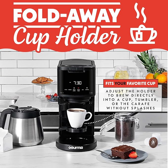 Gourmia 2-in-1 Single Serve and 12 Cup Coffee Maker - Drip Brew K-Cup Compatible Programmable Pause and Serve Removable Filter Thermal Carafe Black