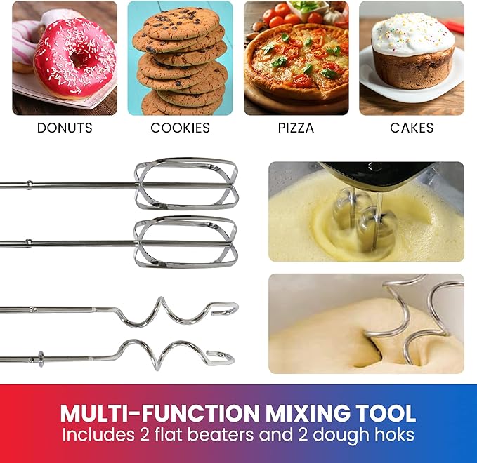 Total Chef Electric Hand Mixer – 6 Speed Handheld Blender Electric Egg Beater with Whisk Beater Dough Hooks Storage Case Turbo Boost for Cake Mix Batidora de Mano Eléctrica