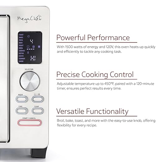 MegaChef 30 Quart Digital French Door Multi-Function Convection Toaster Oven with Rotisserie Set &amp Toast Bagel Pizza Bake Roast Broil Cookies Dehydrate &amp More Presets