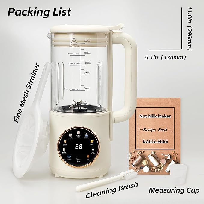 8 in 1 Nut Milk Maker Machine 48oz Homemade Almond Oat Soy Coconut Plant-Based and Non-Dairy Beverages with Self-Cleaning Boil Water Delay Start Keep Warm 16 Blade Blender Glass Jar