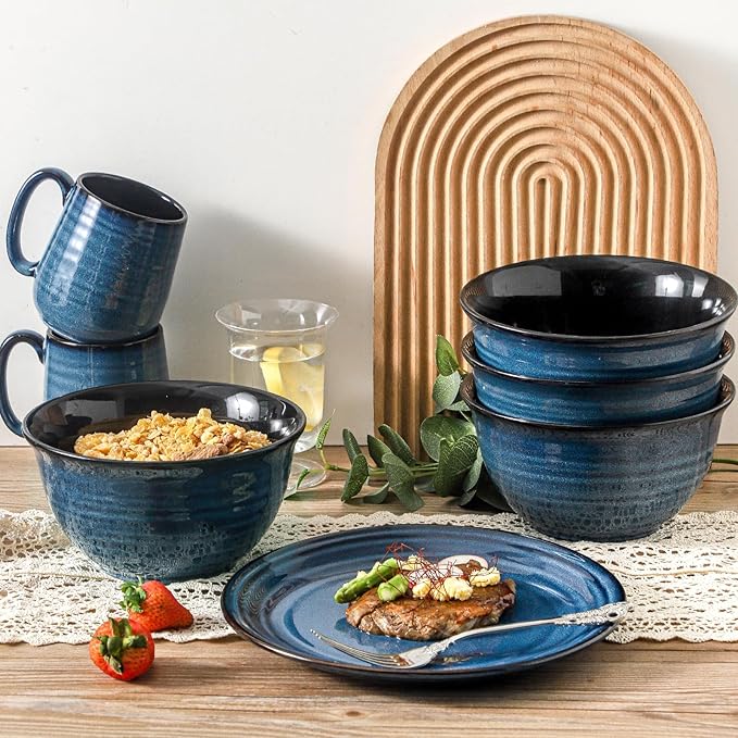 Hasense Dinnerware Set 10-Piece Ceramic Dinnerware Set Deep Bowls and Plate Set Blue Handmade Reactive Glaze Dishes Dishwasher Oven Microwave Safe