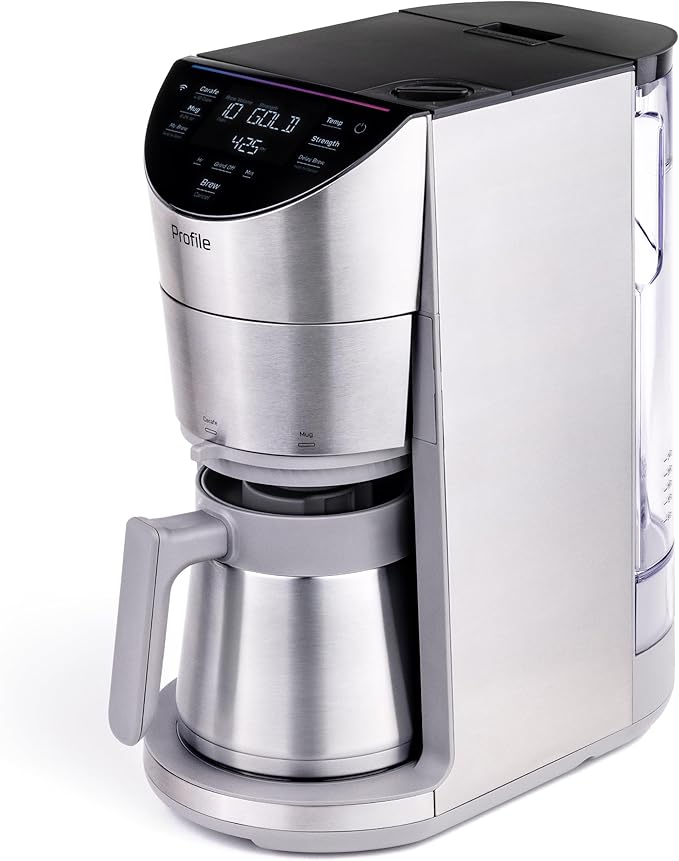 GE Profile Smart Grind &amp Brew Coffee Maker w/Podless Single Serve 90oz Water Reservoir 10 Cup Thermal Carafe Voice Control Adjustable Burr Grinder SCA Certified Barista-Quality Stainless St