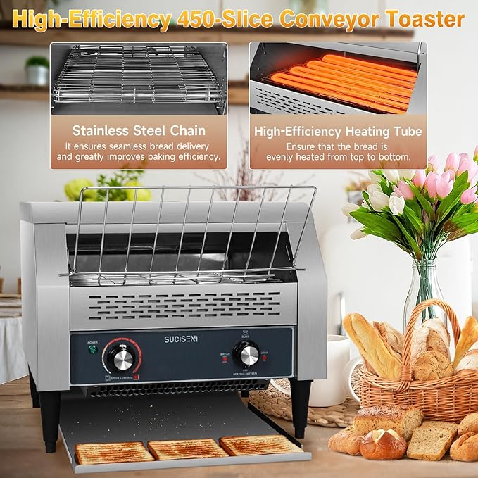 SUCICENI Commercial Conveyor Toaster 450 Slices/H Industrial Toasters 3 Slice at Time 2600W Bun Toasters with Dual Heating Tube for Bagel Bread Croissant Waffle Bakery Restaurant Cafe (450 slice/Hour)