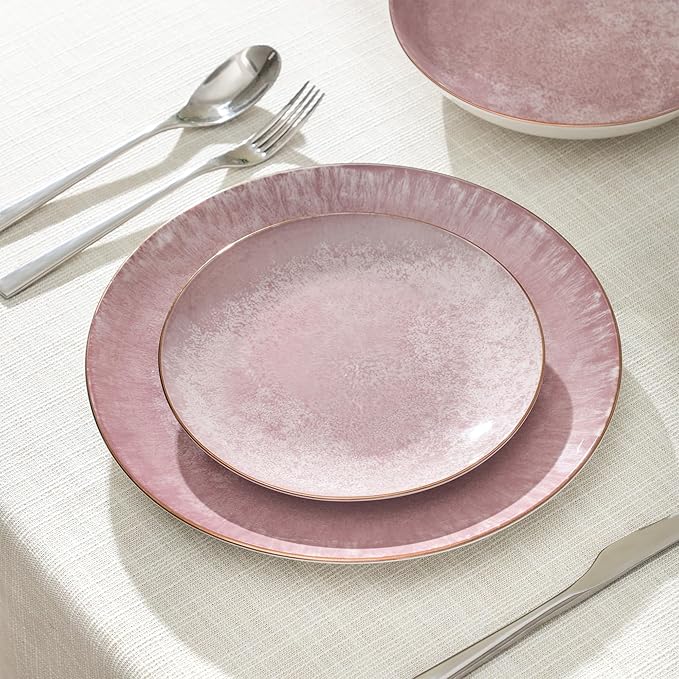 Christian Siriano Onyx 24-Piece Dinnerware Set Porcelain Plates and Bowls Set Hand Wash Dish Dish Set for 8 Pink and Gold