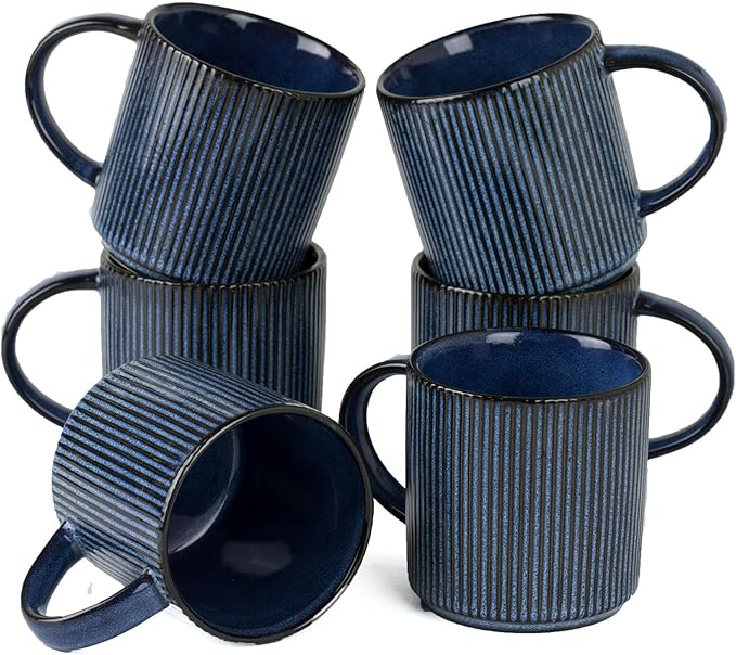 Famiware Dinnerware Set for 4 (12 Piece) and 12oz Mug Set (6 Piece) and 3oz Espresso Cups and Saucers Set- Star Stoneware Dishes - Nebulas Blue
