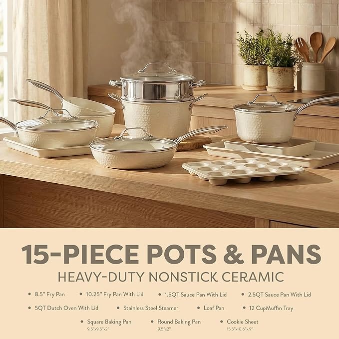 Gotham Steel Hammered 15Pcs Ceramic Cookware Set Nonstick Induction Pots and Pans Set Non Stick with Bakeware Set &amp Steamer for Cooking Non Toxic PFOA PFOS Free Oven &amp Dishwasher Safe Crea