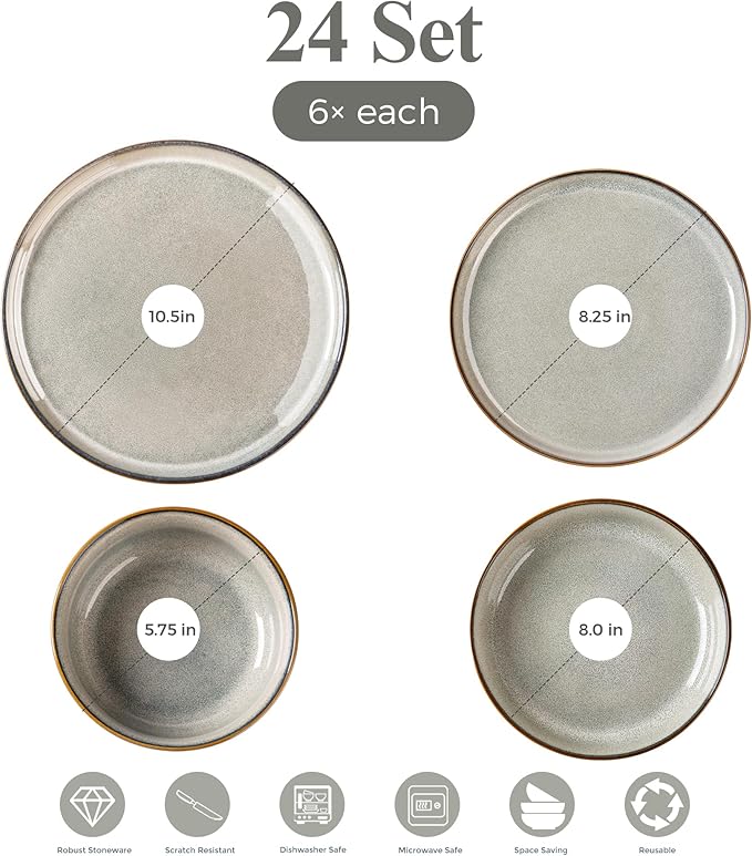 GBHOME 24 Pieces Double Bowls Ceramic Dinnerware Sets for 6 Stoneware Plates and Bowls Set with Reactive Glaze Scratch Resistant Stoneware Dishes Set Dishwasher &amp Microwave Safe