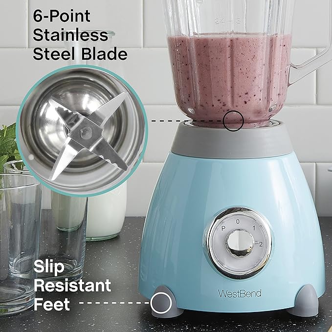 West Bend Blender Retro-Styled 3 Speeds with 48 oz Glass Blending Jar and Stainless Steel Blade 500-Watts Blue