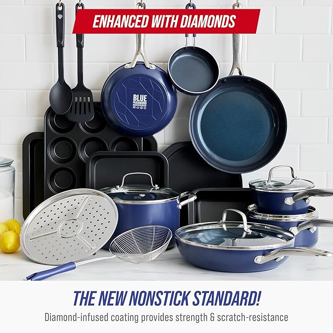 Blue Diamond 20 Piece Nonstick Cookware Set Diamond Ceramic Pots &amp Pans Dishwasher &amp Metal Utensil Safe Non Toxic PFAS-Free Kitchen Cooking Sauce &amp Saute Pans Oven &amp Broiler to 60