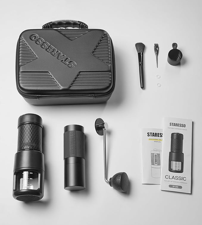 STARESSO 2026 Travel Kit Portable Espresso Maker &amp Grinder Set Dual Use for Ground Coffee &amp Pods No Power Needed Travel Case for Camping Hiking