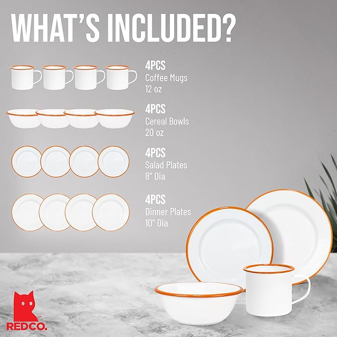 Red Co. 16-Piece Enamelware Metal Dinnerware Set for 4 Solid White/Orange Rim