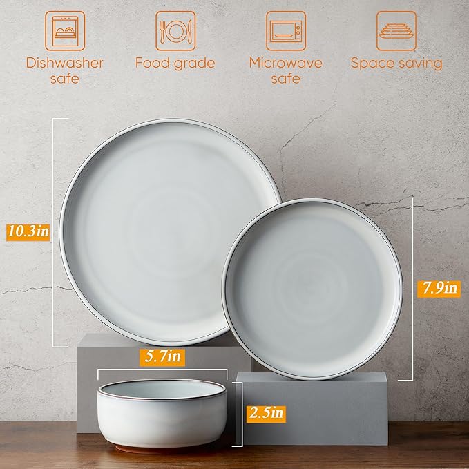 Vesteel 12-Piece Dinnerware Set Ceramic Plates and Bowls Set for 4 Reactive Glaze Tableware Set with Purple Clay Base for Home Chip &amp Scratch Resistant Stoneware Moonlight White