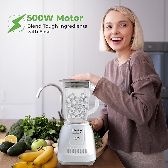 Koblenz 42 oz Plastic Jar Blender 10 Speed and 2 Pulses Countertop Blender with Stainless Steel Blades Perfect for Shakes and Smoothies 500-Watt Motor White LKM-5510 PB