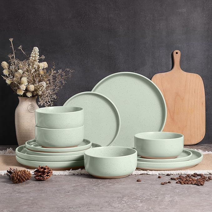 Vesteel 12-Piece Dinnerware set Ceramic Plates and Bowls set for 4 Speckled Stoneware Dishes Set for Family Microwave &amp Dishwasher Safe - Light Green