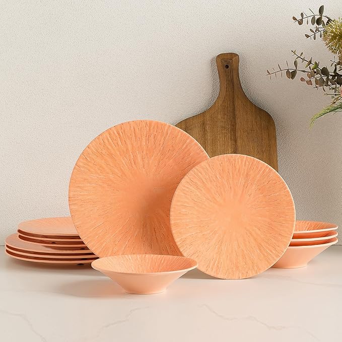 MissYIP 12 Pcs Dinner Set - Unbreakable Dishwasher Safe Plates &amp Bowls - Ideal for Parties &amp Camping (Orange)
