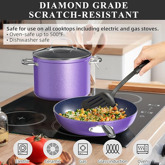 Nuwave Healthy Duralon Blue Ceramic Nonstick Cookware Set Diamond Infused Scratch-Resistant PFAS Free Dishwasher &amp Oven Safe Induction Ready &amp Evenly Heats Tempered Glass Lids &amp Stay-