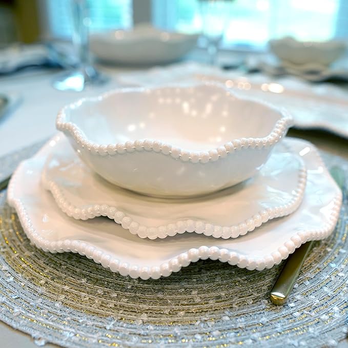 Perlette Off-White Beaded 12-Piece Dinnerware Set – Includes 4 Dinner Plates 4 Salad Plates 4 Bowls (7.5 x 2 22 oz) – Elegant Unbreakable Melamine Heavyweight Perfect for Indoor/Outdoor Dining