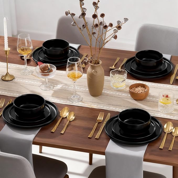 E-far 18-Piece Stoneware Plates and Bowls Sets Dinnerware Sets for 6 Ceramic Dishware Dishes Set with Terracotta Base Chip &amp Scratch Resistant Microwave &amp Dishwasher Safe Matte Black