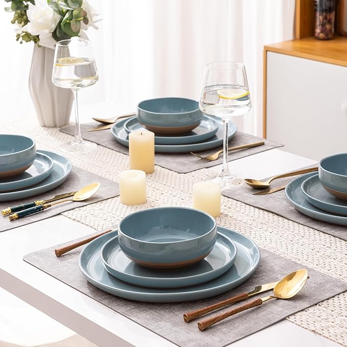 AmorArc Ceramic Dinnerware Sets for 8 24 Pieces Handpainted Plates and Bowls Set with Rustic Terracotta Underside Scratch Resistant Stoneware Dishes Set Dishwasher &amp Microwave Safe Stone Blue