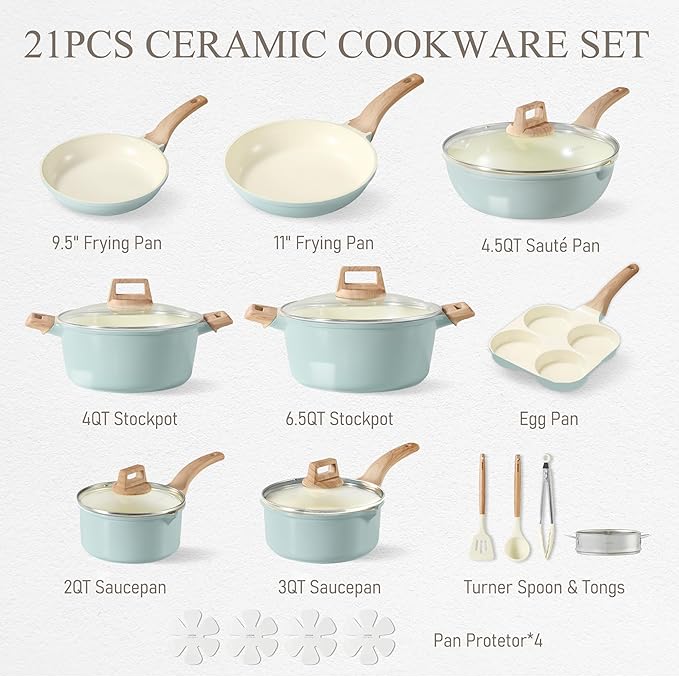 CAROTE 21-Piece Ceramic Pots and Pans Cookware Set Non Stick Induction Cook Ware Kitchen Cooking Set Non-Toxic Health PFAS Free