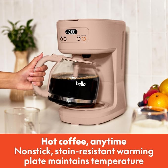bella 12 Cup Programmable Coffee Marker Reusable Dishwasher Safe Accessories Easy LCD diaply Auto Shutoff 900 watt Blossom